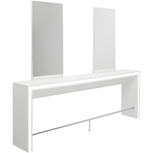 Moderner, weißer 2er-Friseurplatz mit zwei Spiegeln und minimalistischer Fußstütze