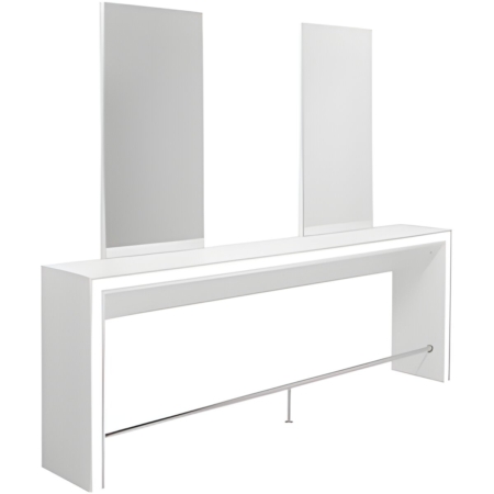 Moderner, weißer 2er-Friseurplatz mit zwei Spiegeln und minimalistischer Fußstütze