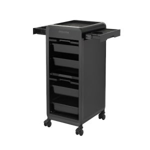 Schwarzer Friseurwagen mit mehreren Schubladen und Rollen, ideal zur Aufbewahrung und Organisation im Salon.