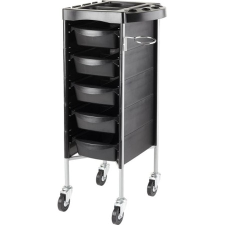Schwarzer Friseurwagen mit fünf Schubladen und Rollen, ideal zur Aufbewahrung von Salonutensilien und mobilem Einsatz.