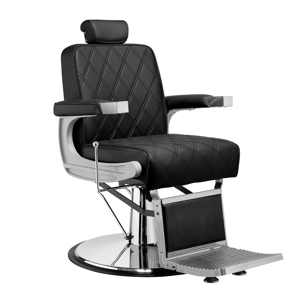 Schwarzer Vintage-Friseurstuhl mit diamantartiger Steppung und verstellbarer Kopfstütze auf Chrombasis. Ideal für Salons.