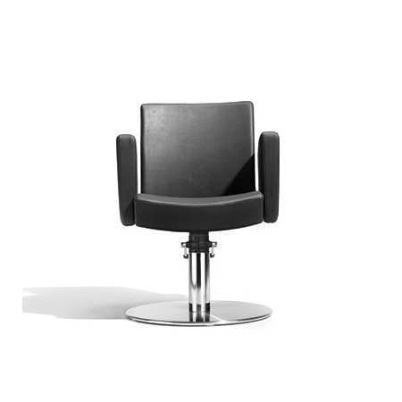 Moderner schwarzer Friseurstuhl mit rundem Metallsockel, ideal für Saloneinrichtungen und Komfort.