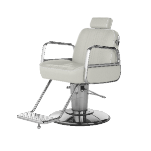 Moderner Friseurstuhl mit verstellbarer Rückenlehne und Fußstütze, ideal für Salons und Barbershops.