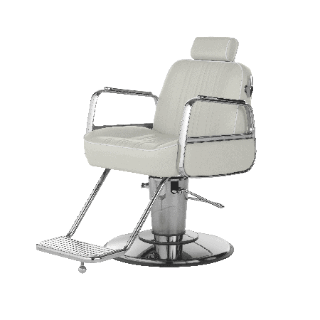 Moderner Friseurstuhl mit verstellbarer Rückenlehne und Fußstütze, ideal für Salons und Barbershops.