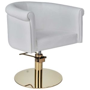 Moderner Bedienstuhl mit weißem Lederbezug und goldener Basis, ideal für stilvolle Salonumgebungen.