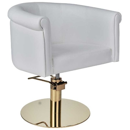 Moderner Bedienstuhl mit weißem Lederbezug und goldener Basis, ideal für stilvolle Salonumgebungen.