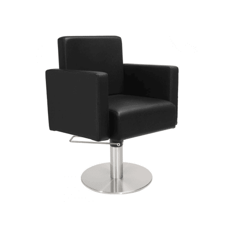 Moderner schwarzer Friseurstuhl mit Edelstahlbasis, ideal für Salons.