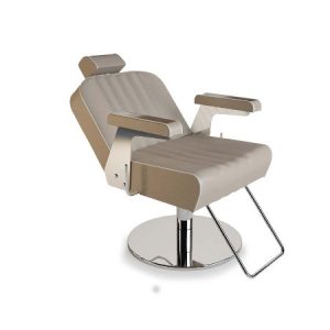 Moderner Bedienungsstuhl in Grau mit verstellbarer Rückenlehne und Metallfuß für Salons und Barbershops.