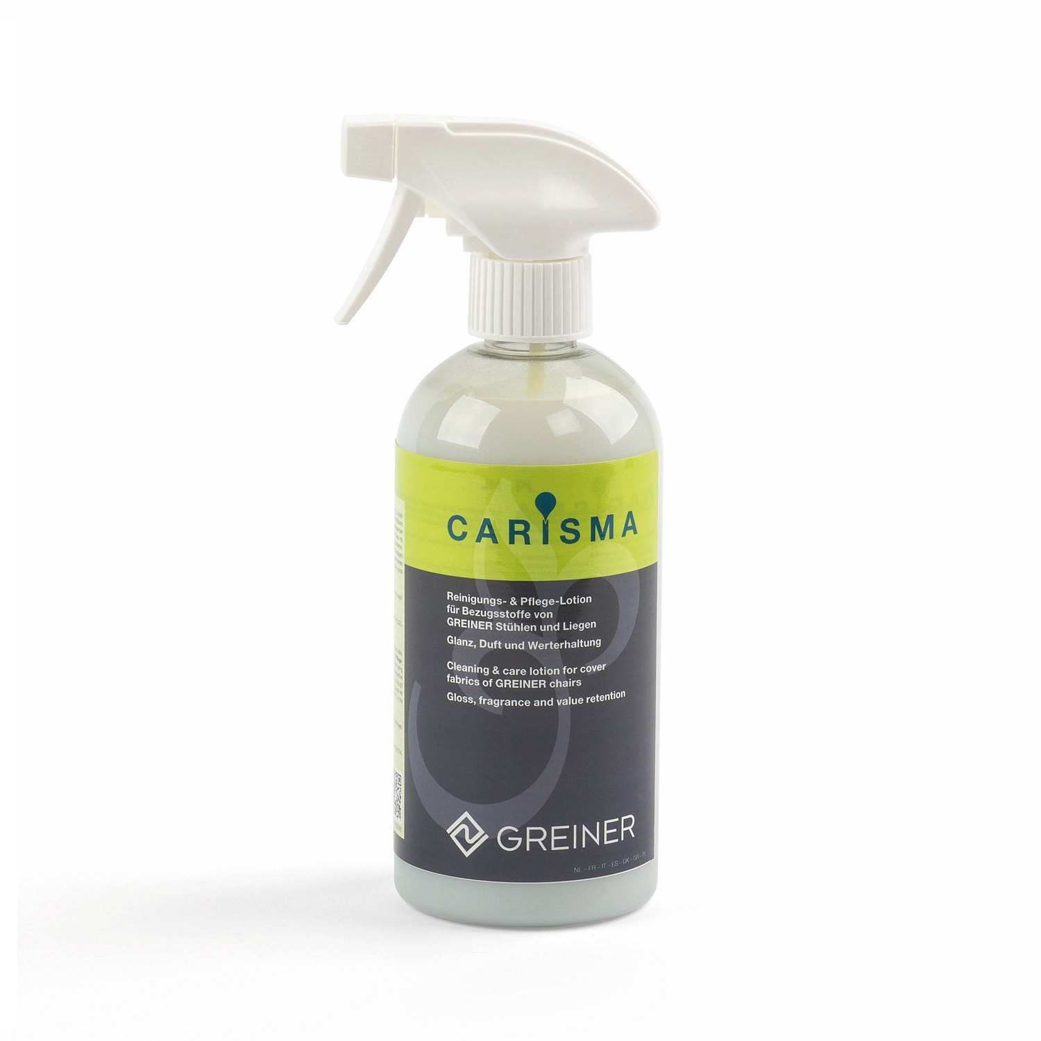 Sprayflasche CARISMA Reinigungs- und Pflege-Lotion für GREINER Stuhlbezüge. Glanz und Duft für langlebige Stoffe.