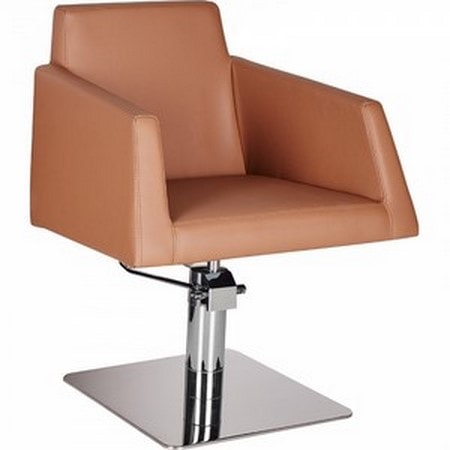 Moderner brauner Coiffeurstuhl mit Chromfuß, ideal für Salons und komfortables Styling.