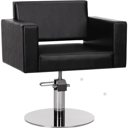 Moderner schwarzer Coiffeurstuhl mit quadratischem Design und verstellbarem Chromfuß für Salons.