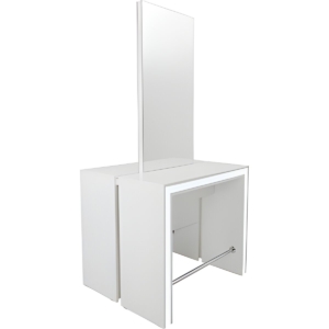 Moderner, weißer Doppelfriseurplatz mit Spiegel und Stauraum, minimalistisches Design für Friseursalon