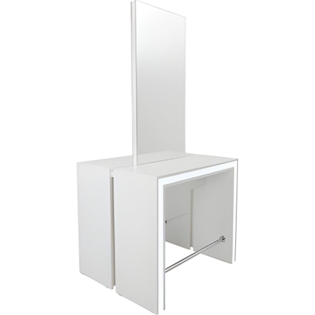 Moderner, weißer Doppelfriseurplatz mit Spiegel und Stauraum, minimalistisches Design für Friseursalon