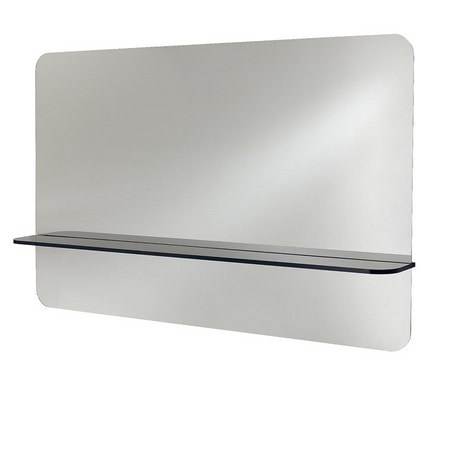 Moderner rechteckiger Spiegel mit abgerundeten Ecken und schwebendem Regal in minimalistischer Ausführung.