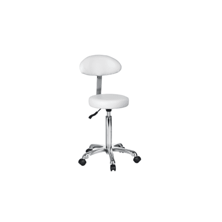 Moderner, verstellbarer weißer Drehstuhl mit Rollen und Rückenlehne, ideal für Büros oder Salons.