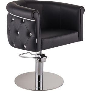 Friseurstuhl aus Kunstleder mit Chromfuß und Polsterknöpfen, ideal für Salon oder Friseurgeschäft.