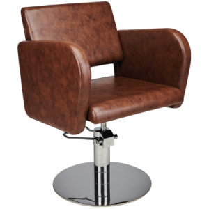 Moderner Friseurstuhl aus braunem Leder, drehbar, mit verchromtem Sockel, ideal für Salons und Friseureinrichtungen.