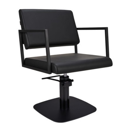 Moderner schwarzer Friseurstuhl mit verstellbarer Höhe und Armlehnen, ideal für Salons und Barber Shops.