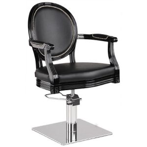 Luxuriöser, schwarzer Friseursessel mit Polsterung und verstellbarer Höhe für komfortables Styling und professionelles Friseurerlebnis.