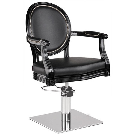 Luxuriöser, schwarzer Friseursessel mit Polsterung und verstellbarer Höhe für komfortables Styling und professionelles Friseurerlebnis.