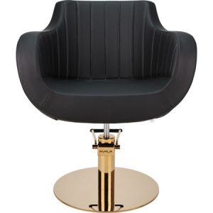 Schwarzer Friseurstuhl mit goldener Basis, verstellbar und modern. Ideal für Salonkomfort und stilvolles Design.