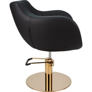 Schwarzer Friseurstuhl mit goldener Basis, verstellbar und modern. Ideal für Salonkomfort und stilvolles Design.