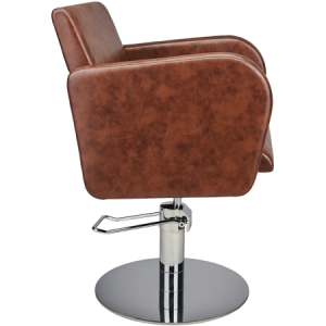 Moderner Friseurstuhl aus braunem Leder, drehbar, mit verchromtem Sockel, ideal für Salons und Friseureinrichtungen.