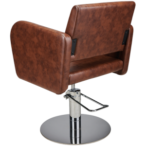 Moderner Friseurstuhl aus braunem Leder, drehbar, mit verchromtem Sockel, ideal für Salons und Friseureinrichtungen.