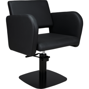 Moderner Friseurstuhl aus schwarzem Leder, drehbar, mit verchromtem Sockel, ideal für Salons und Friseureinrichtungen.