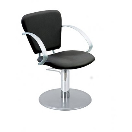 Moderner schwarzer Friseurstuhl mit Metallarmen und runder Basis, ideal für Salons und stilvolles Interieur.