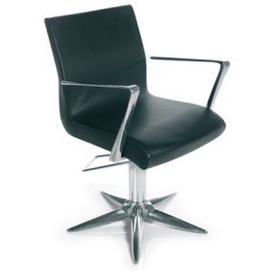 Moderner schwarzer Frisierstuhl mit verchromten Armlehnen und Fußkreuz