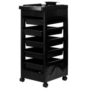 Schwarzer Friseurwagen mit fünf Ablagen und Rädern, ideal zur Organisation von Friseurutensilien im Salon.