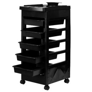 Schwarzer Friseurwagen mit fünf Ablagen und Rädern, ideal zur Organisation von Friseurutensilien im Salon.