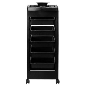 Schwarzer Friseurwagen mit fünf Ablagen und Rädern, ideal zur Organisation von Friseurutensilien im Salon.
