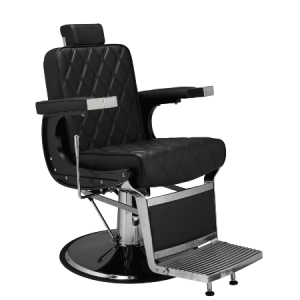 Schwarzer, verstellbarer Friseurstuhl im Vintage-Design mit Fußstütze und gepolstertem Sitz für Barber-Shops.