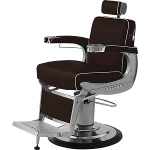 Schwarzer Herrenstuhl mit verstellbarer Kopfstütze und Fußstütze auf silbernem Sockel. Perfekt für Salons und Barbershops.
