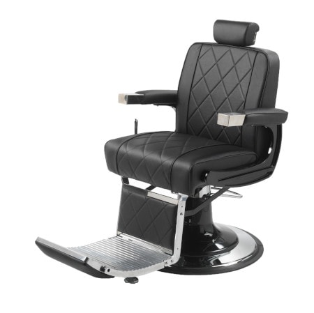 Schwarzer Friseurstuhl aus Leder mit verstellbarer Kopfstütze und Fußstütze auf weißem Hintergrund. Ideal für Barber-Shops.