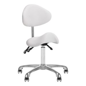 Weißer ergonomischer Kosmetikhocker mit verstellbarer Rückenlehne und gepolstertem Sitz auf fünf Rollen.
