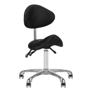 Schwarzer ergonomischer Kosmetikhocker mit verstellbarer Rückenlehne und gepolstertem Sitz auf fünf Rollen.