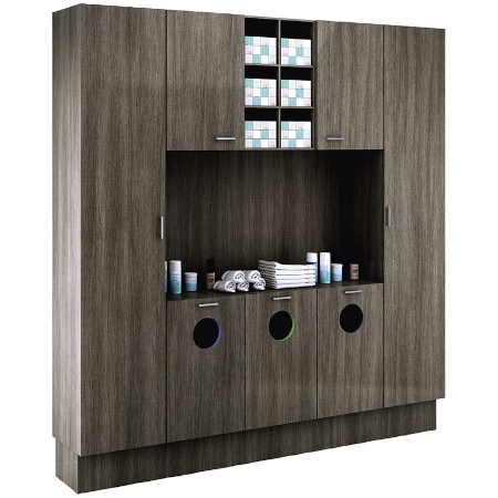 Modernes Labor mit Regalfächern in dunkler Holzoptik.