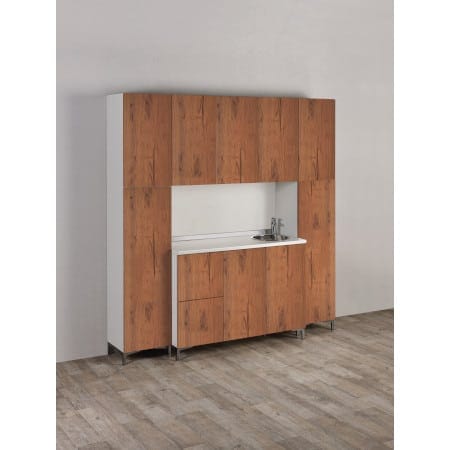 Kompakte Labor Wall System mit Holzoptik und integriertem Spülbecken