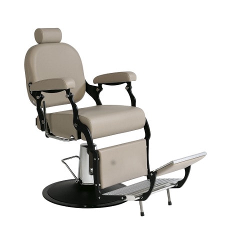 Moderner, beiger Friseurstuhl mit verstellbarer Rückenlehne und Fußstütze auf schwarzem Sockel. Perfekt für Salons.
