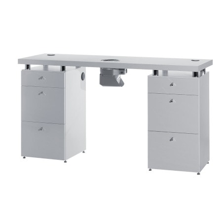 Moderner, grauer Manikürtisch mit Schubladen, ideal für Salons oder Heimstudios. minimalistisches Design, funktional und stilvoll.