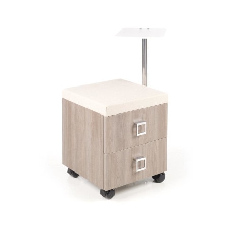 Moderner Manikürwagen mit zwei Schubladen und kleinem Tischaufsatz, auf Rollen, in hellem Holzdesign.