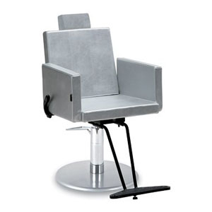 Moderner, grauer Friseurstuhl mit verstellbarer Rückenlehne und Fußstütze auf rundem Sockel. Perfekt für Salons.