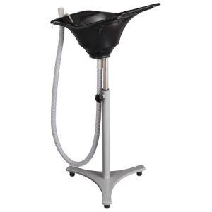 Tragbares Friseurwaschbecken in Schwarz mit verstellbarem Ständer und Abflussschlauch, ideal für Salonausstattungen.