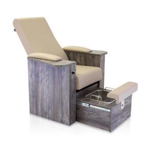 Beiger Pedikuerstuhl mit Holzverkleidung. Modernes Design und komfortable Polsterung.