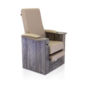 Beiger Pedikuerstuhl mit Holzverkleidung. Modernes Design und komfortable Polsterung.