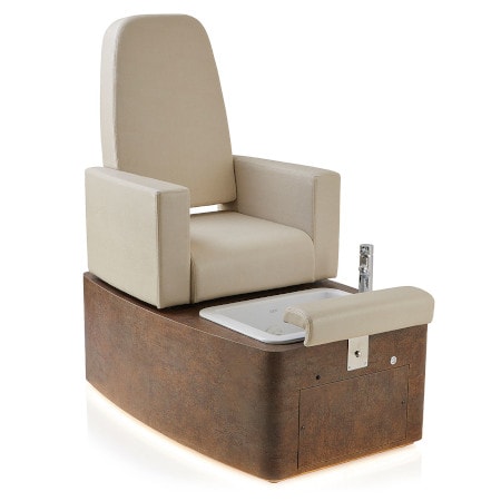 Luxuriöser Pediküre-Stuhl mit beige Polsterung und Fußbad, ideal für Spa- und Schönheitsanwendungen.