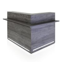 Moderner grauer Empfangstresen mit Beleuchtung, stilvolles Design mit geraden Linien.